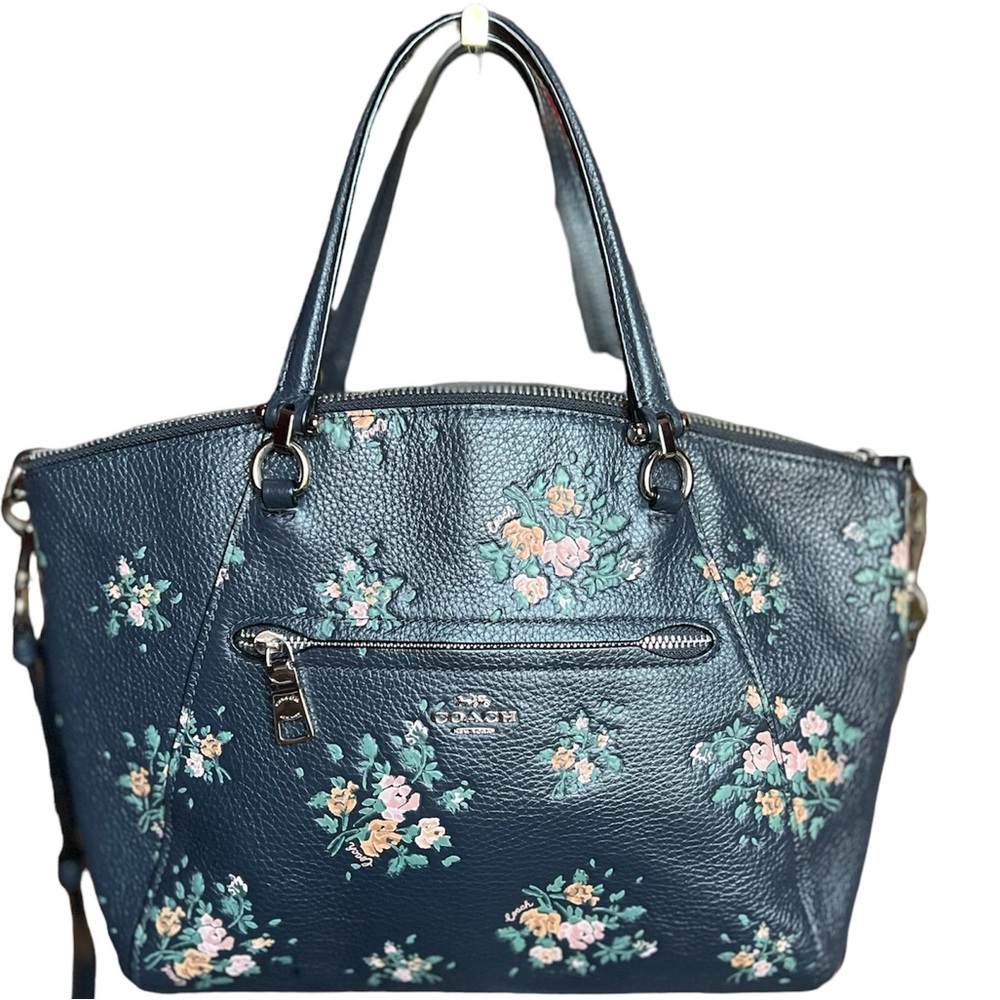Floral Blue Leather Tote Bag